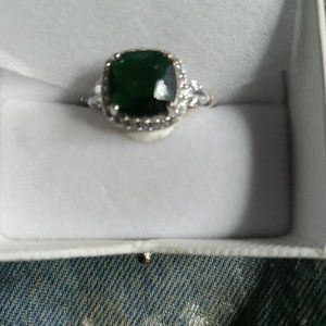 3.66ct cushion cut emerald and diamonds over 925 silver ring